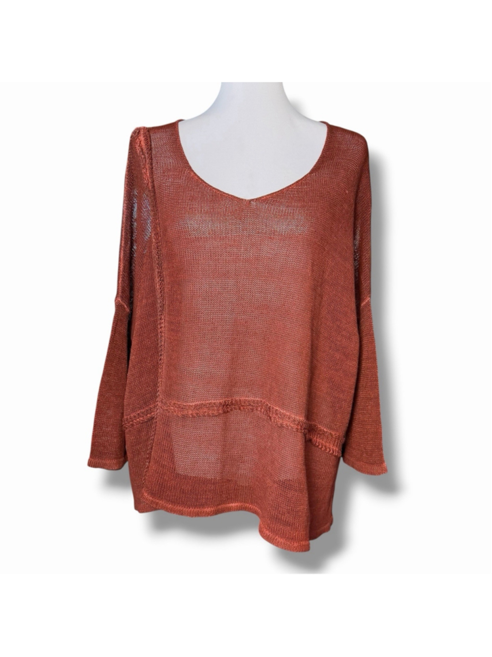 Grizas M Washed Linen V Neck Lagenlook Open Knit Top Boho Natural Rust EUC